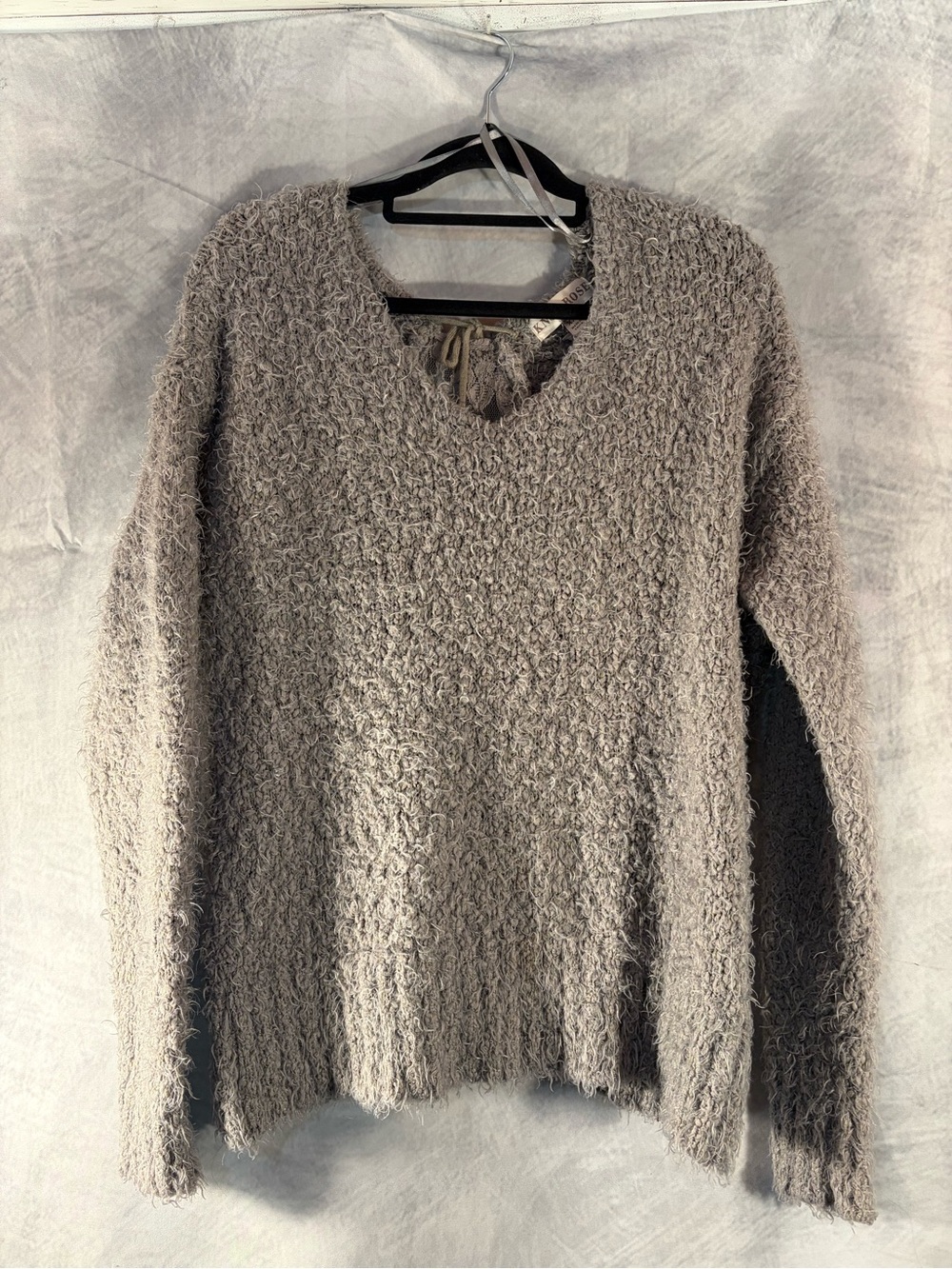 Knox Rose Fuzzy Eyelash Knit Sweater XXL Gray Boho Lace Back Tie Cozy Pullover